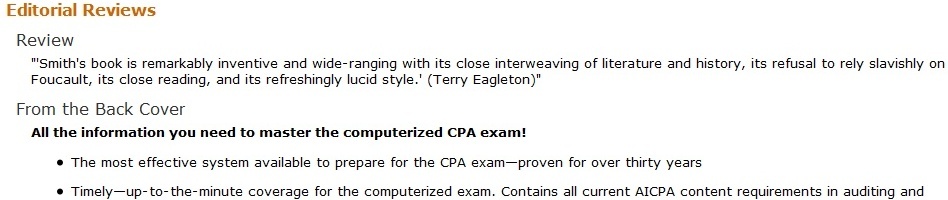 Smith's book is remarkably inventive and wide-ranging with its close interweaving of literature and history, its refusal to rely slavishly on Foucault, its close reading, and its refreshingly lucid style. All the information you need to master the computerized CPA exam!